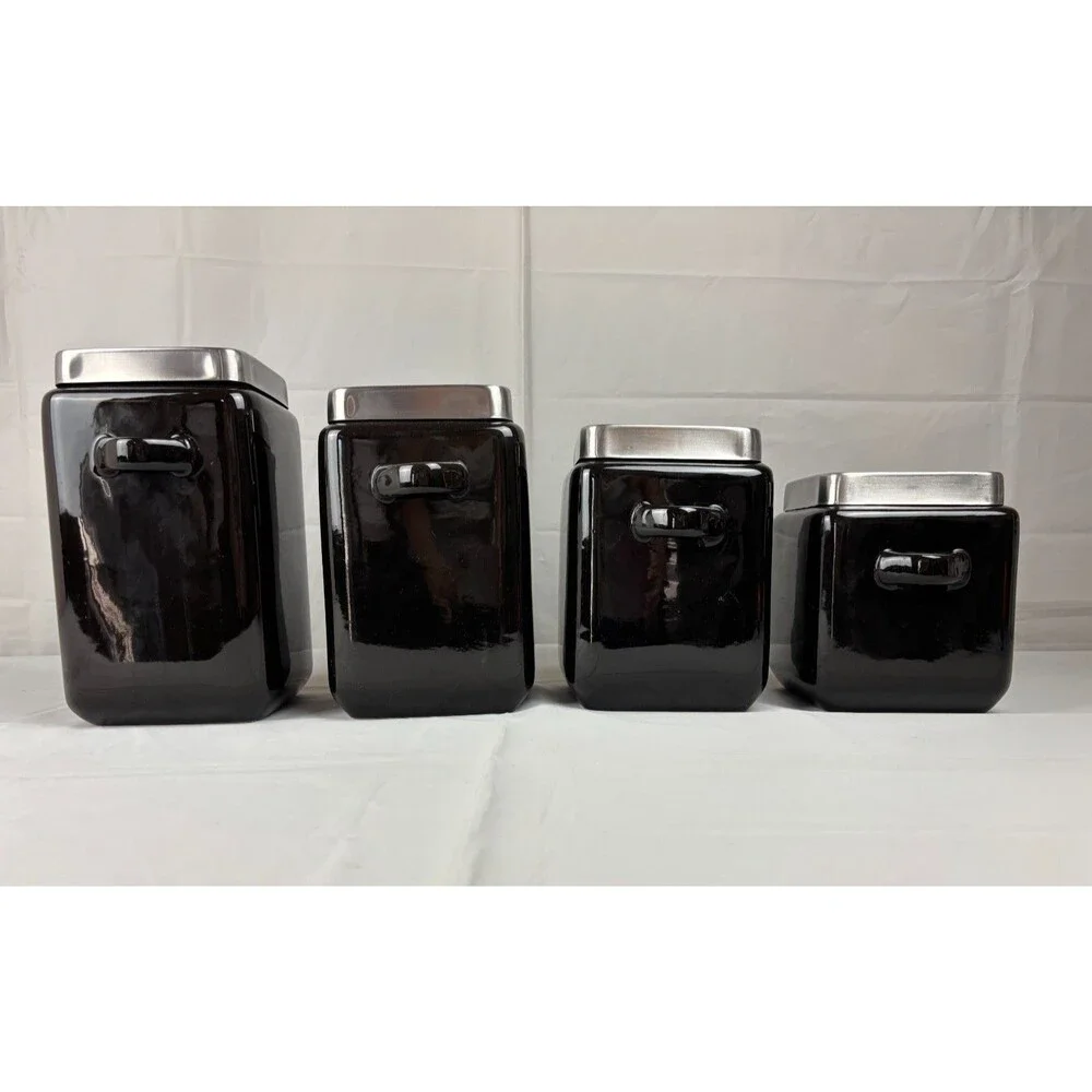 Oggi 4 pc Black Square Ceramic Canister Set w/ Stainless Steel Lids